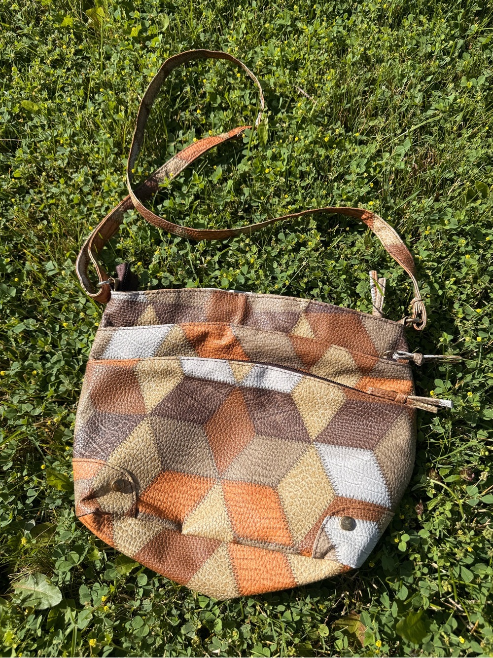 Patchwork Geo Crossbody Bag - Orange, Brown, Cream… Vegan Faux Leather Purse